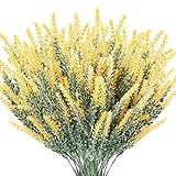 TENCHY Artificial Lavender Fake Flowers, 6 Bundles Yellow Lifelike Faux Foliage Plants Shrubs for We