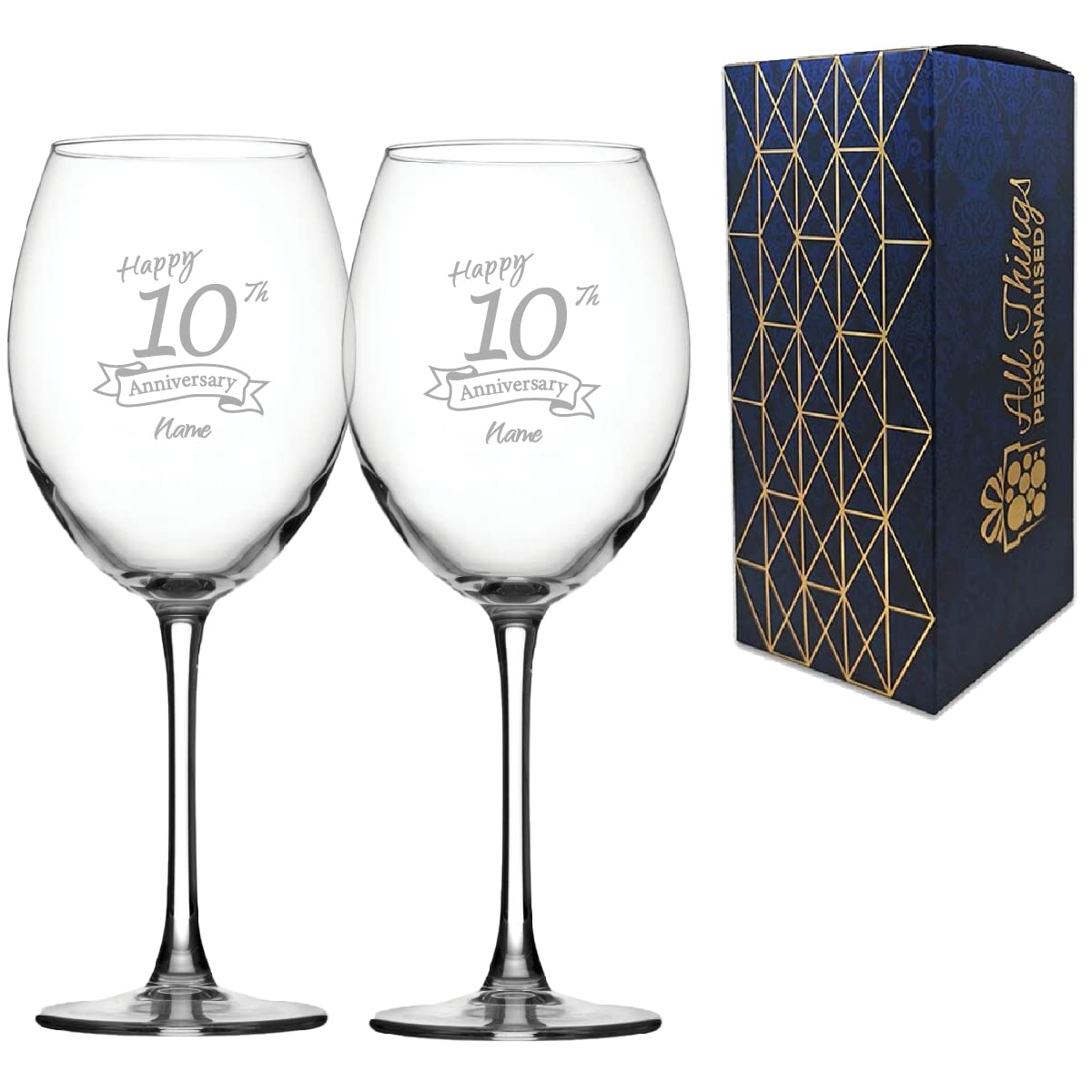 Personalised Engraved 10th Anniversary Glass Set of Two, Enoteca Red Wine 19oz Glass, Engraved in The UK, Personalise with Any Name, Thoughtful Customised Gift