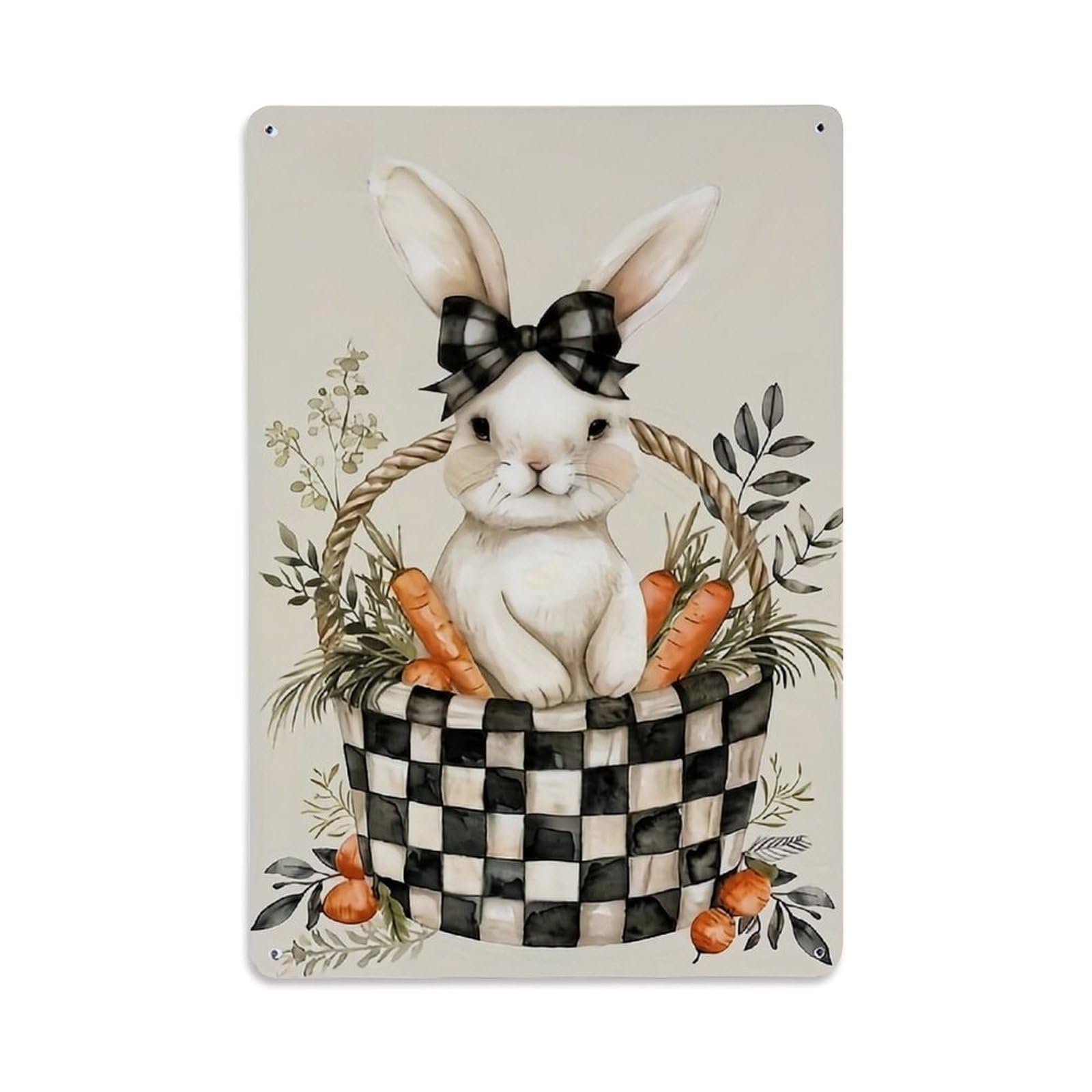 Jdfenggu Vintage Checkered Basket Bunny Carrots Leaves Retro Metal Tin Sign, Decor Art Poster For Bar, Home, Man Cave, Kitchen, Laundry Room Gift 8X12inch