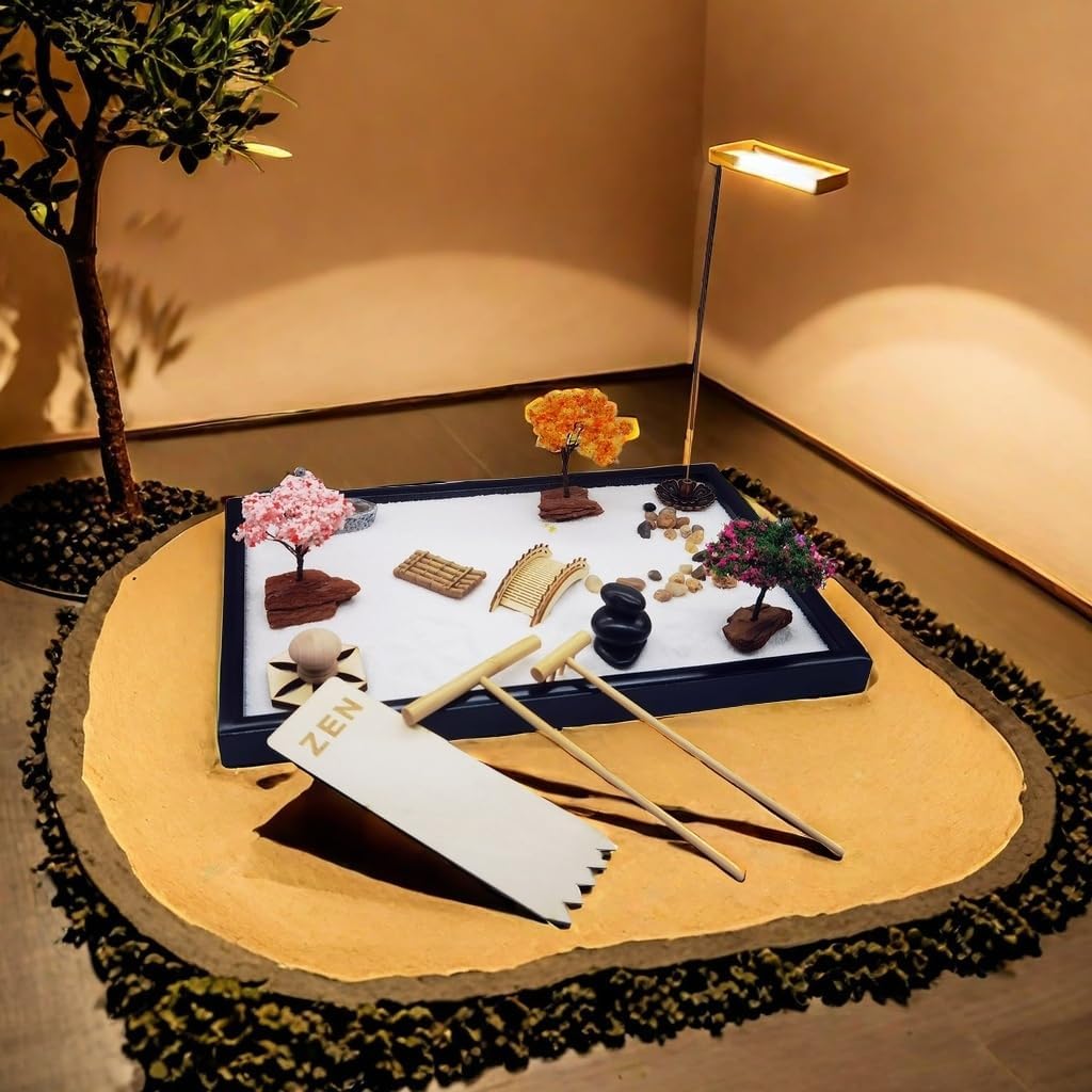 eSaturn Zen Garden Kit with 12 * 8 inch Sand Tray, Japanese Zen Garden for Desk with 3 Essential Bamboo Tools and Accessories, Meditation, Therapy Kit for Men Or Women Relaxation at Home or Office