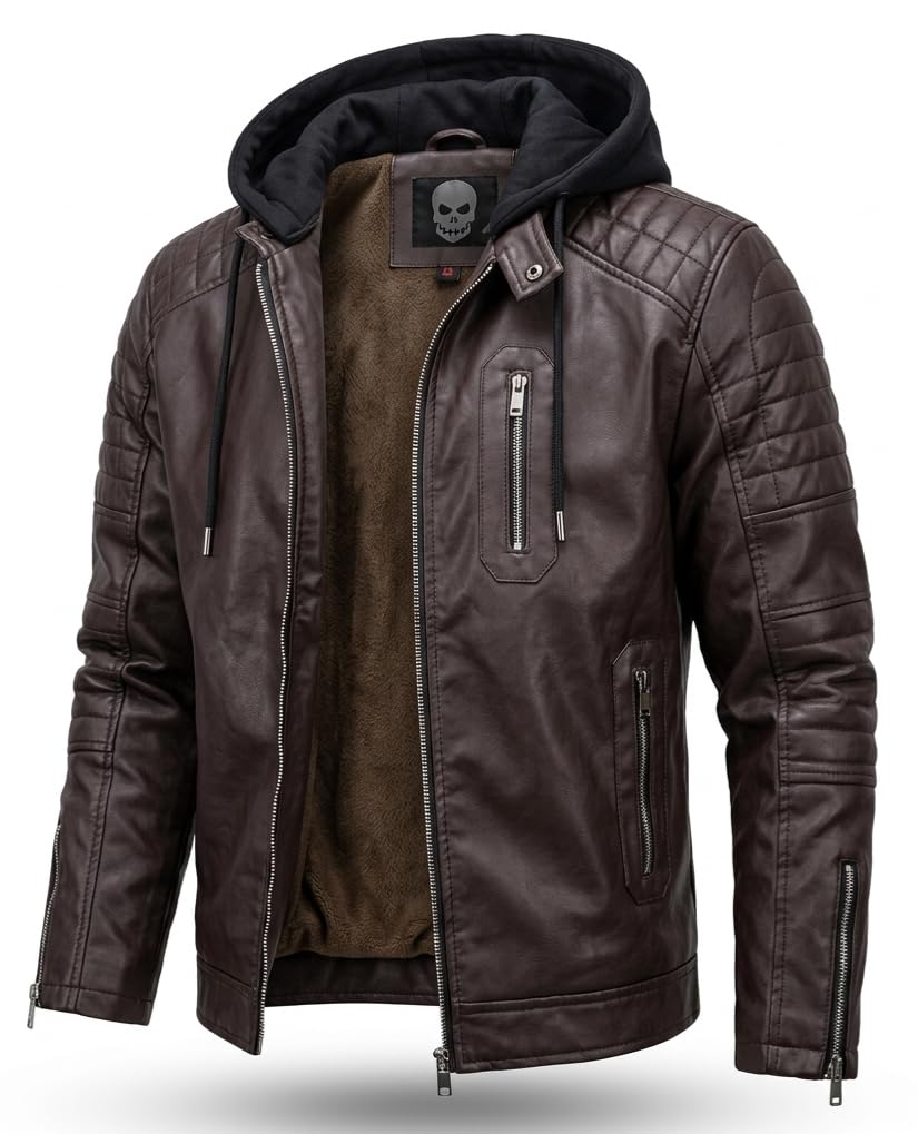 blaq ash Men's Faux Leather Hooded Motorcycle Jacket Removable Hood-picture-52