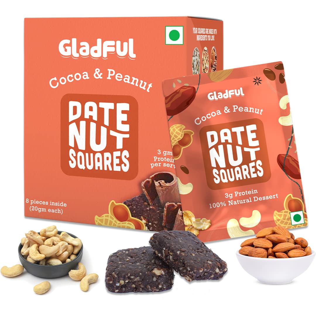 Gladful Cocoa & Peanut Date Nut Square - A Healthy, Sugar-Free, Dates And Dry Fruits Based Dessert Bites/ Barfi/Chakki | High In Protein & Fiber, Source Of Instant Energy (20Gram X 8) (B0BPXCN2X4) Amazon Price History, Amazon Price Tracker