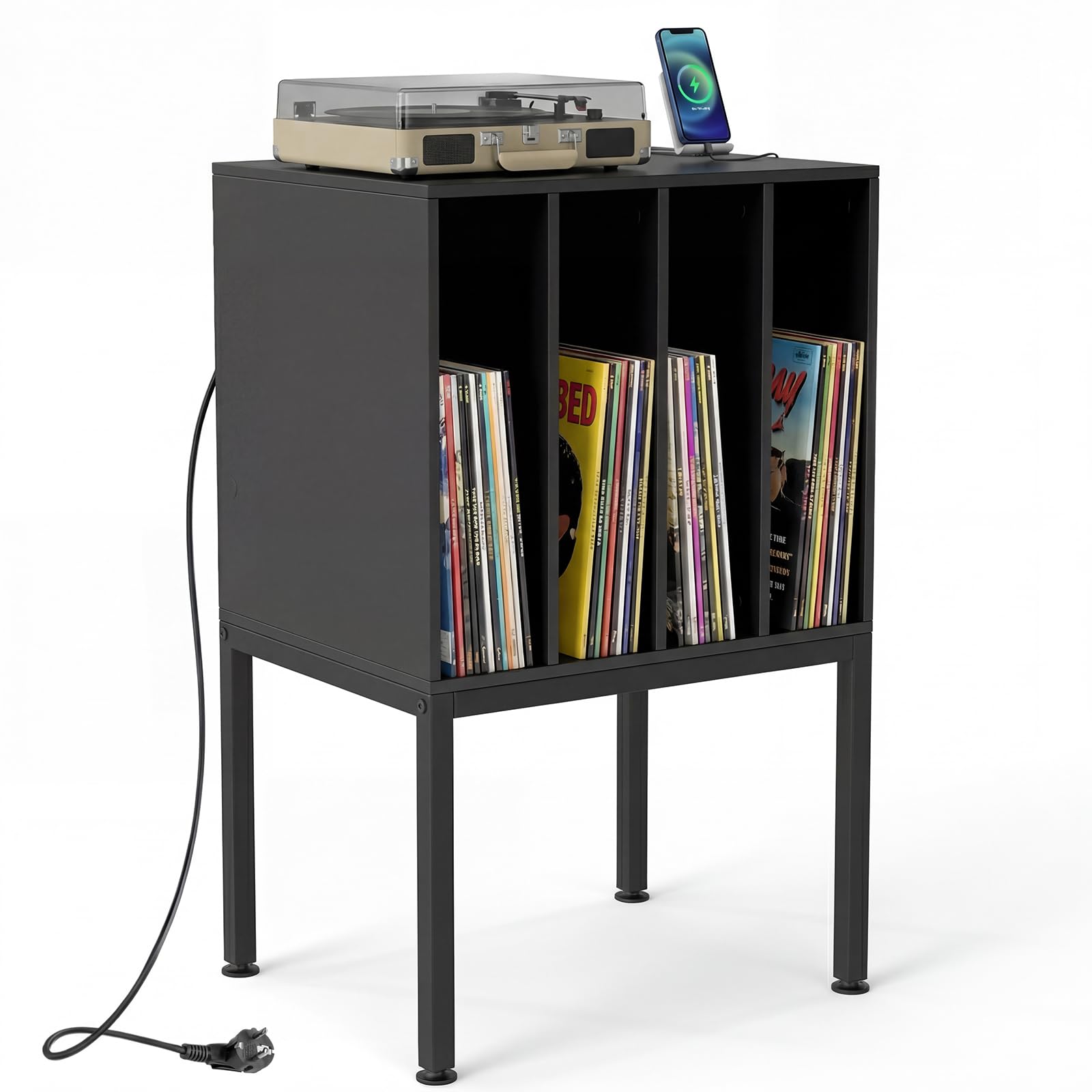 COSTWAY Mueble para Tocadiscos con Estación de Carga, Mesa para Tocadiscos con 4 Compartimentos Abiertos para Vinilos, Patas Metálicas, Mesa Auxiliar para Discos y Álbumes, Salón, Oficina (Negro)