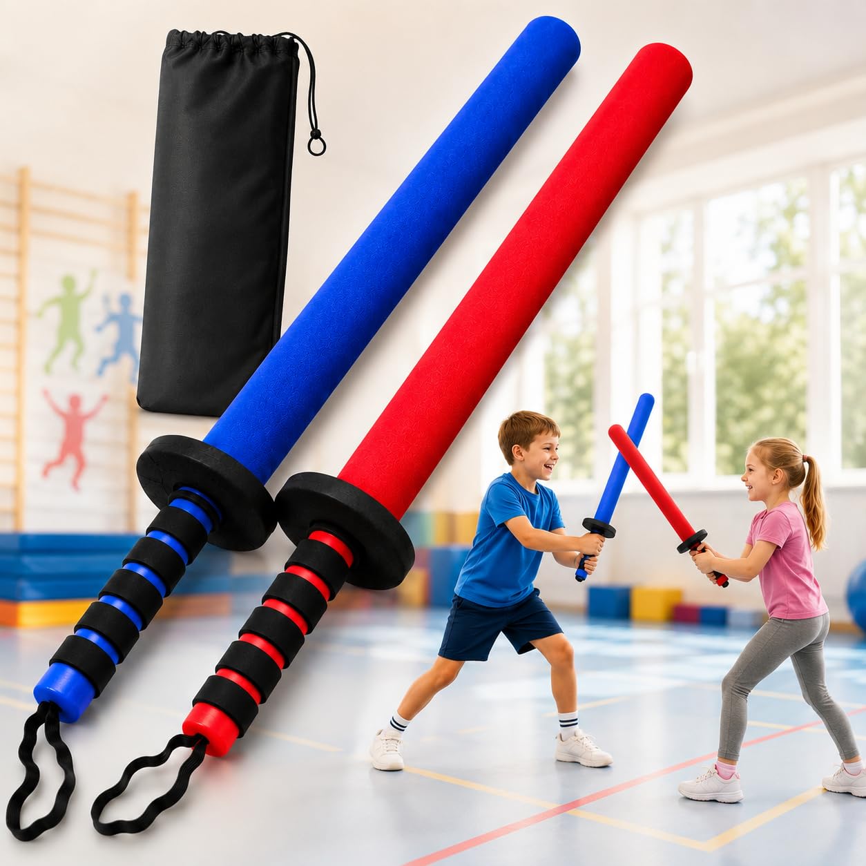 Schaumstoffschläger Kinder 2er Set (Rot/Blau) | Pädagogisches Fechtspiel & Soft-Schwert für Aggressionsabbau | Sportgerät für Motorik & Bewegung inkl. Tasche | Funsport Schaumstoffschwert
