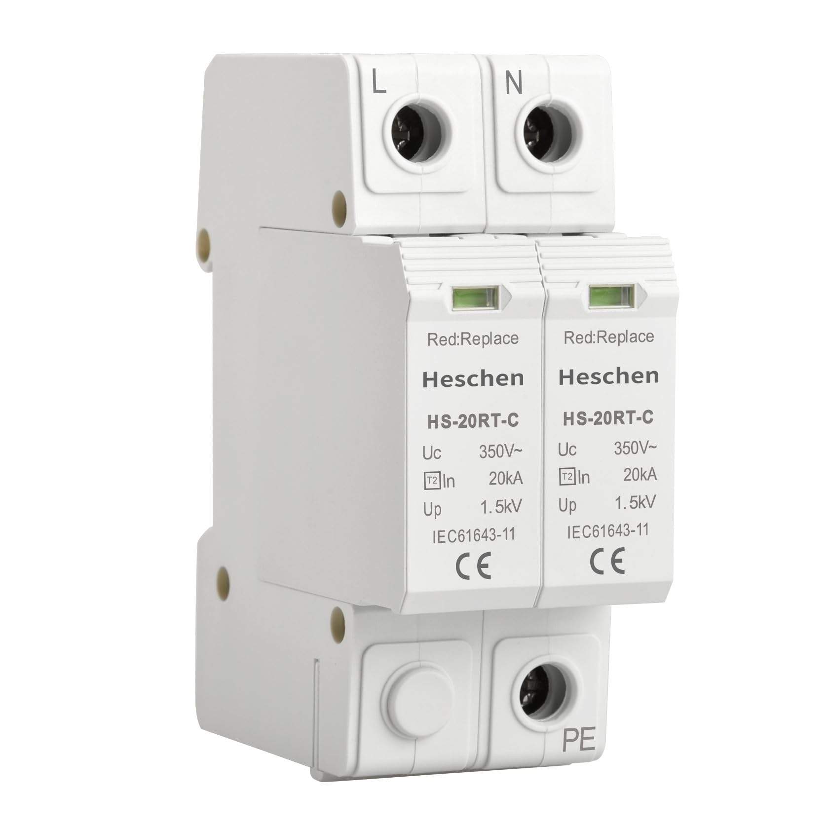 Heschen Surge Protective Device SPD, HS-20RT-C, 2P 350VAC 20KA, Built-in replaceable over current fuse, Low-Voltage Arrester