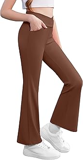 Zaclotre Girls Flare Leggings High Waisted V Crossover Casual Yoga Bell Bottoms with Pockets Pants for Kid