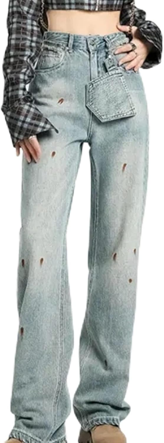 表札☆ロング水色☆ レディースジーンズ 女性ヴィンテージハイウエストジーンズ印刷