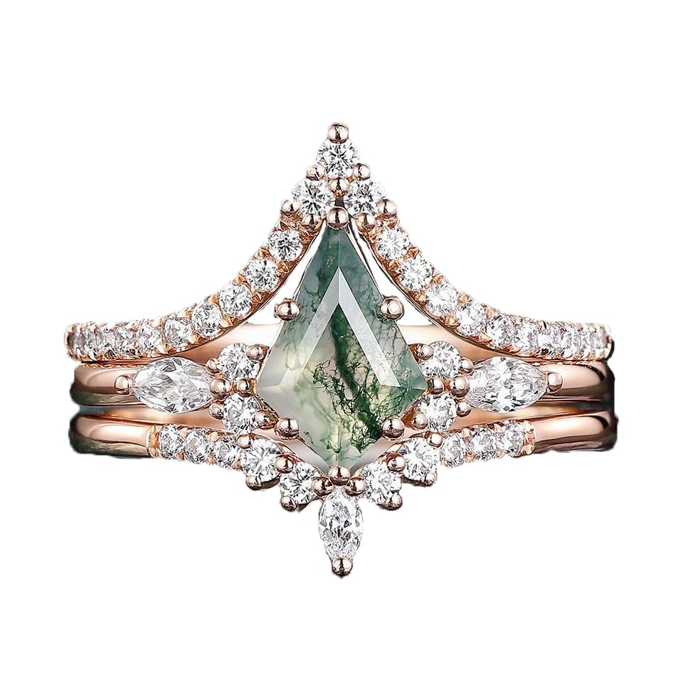 Natural Moss Agate Wedding Ring Sets for Women 10K 14K 18K Gold 1-2 Carats Pear/Heart/Hexagon Cut Moss Agate Moissanite Bridal Set Engagement Wedding Rings Promise Ring for Her Free Engraved