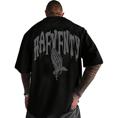 UOUA Mens Graphic Tees Vintage T-Shirts Oversized Letter Print Casual Crewneck Cotton Top Short Sleeve Rapper Streetwear