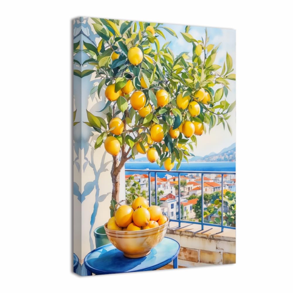 ZQQART Lemon Pictures for Wall Kitchen Fruit Wall Decor Yellow Citrus with Blue Pottery Canvas Prints for Dining Room Farmhouse Framed(Blue,18L x 12W)
