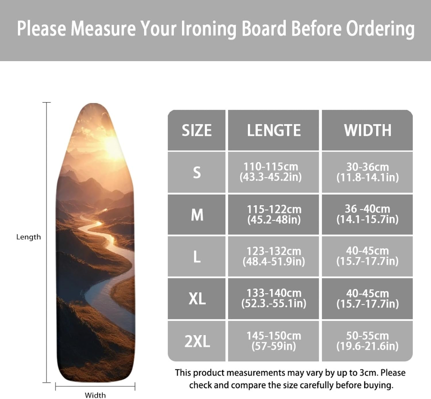 Ironing Board Cover 14x48 Brown Gold Landscape Iron Board Cover with Padding Heat Reflective,Scorch Resistant Thick Padding,Snug Fit Non-Slip Nose Pocket Fastener Straps Elastic Edges