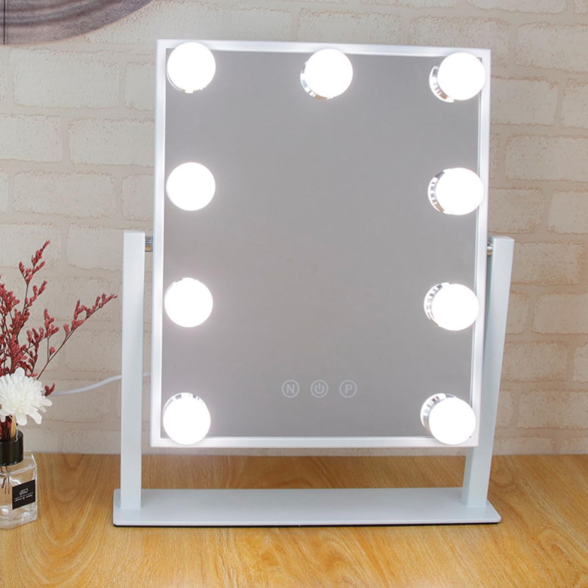 Toddmomy Specchio da Trucco Alta Riflettività Singolo Lato da Tavolo LED con Lampadina 9 3w Metallo Bianco per Uso Domestico e Trucco Quotidiano