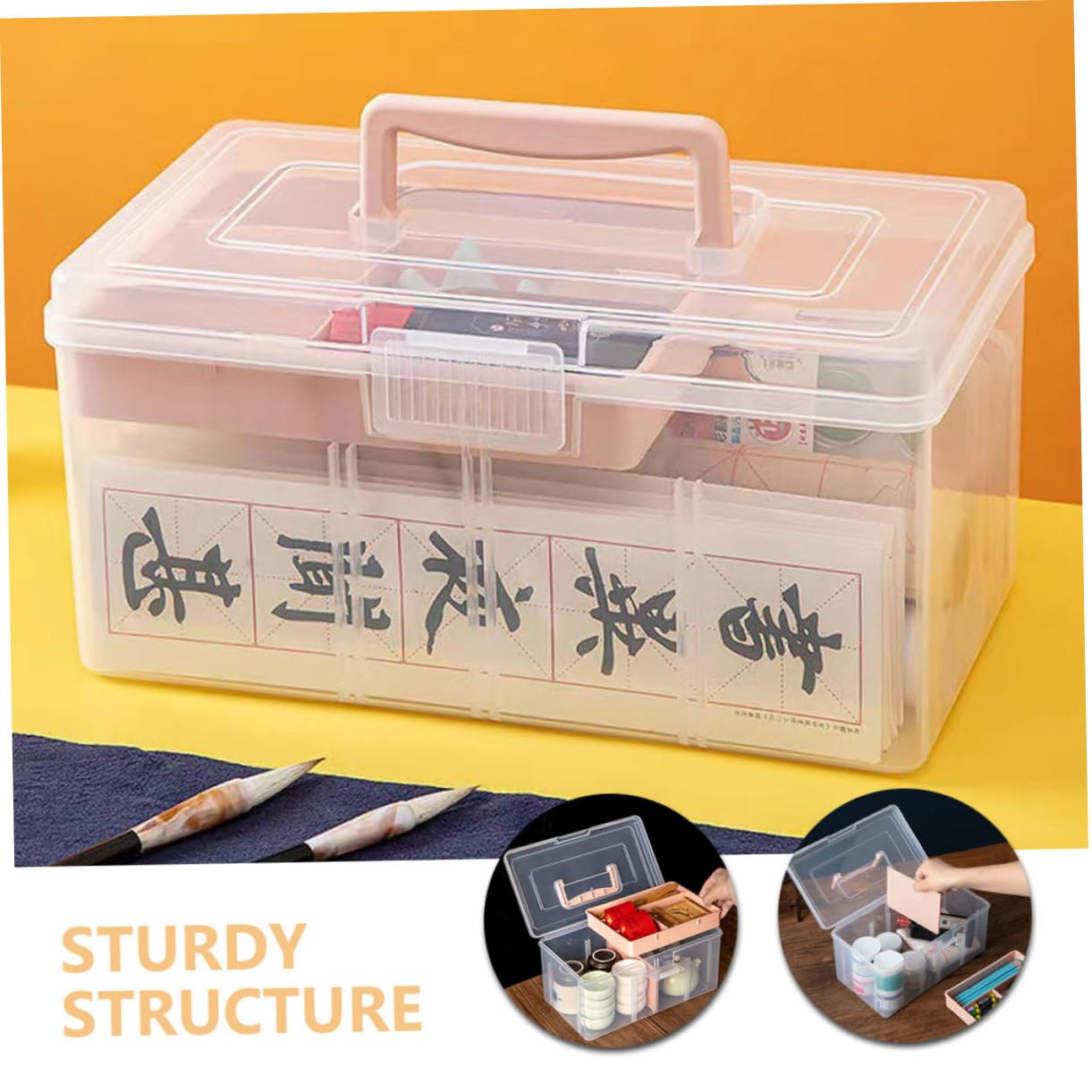 Angoily Scatola Organizer Divisoria Multiuso per Bricolage con Maniglia | Design Trasparente in Pp Rosa, Struttura a Due Livelli, Formato Piccolo per Oggetti e Accessori Creativi