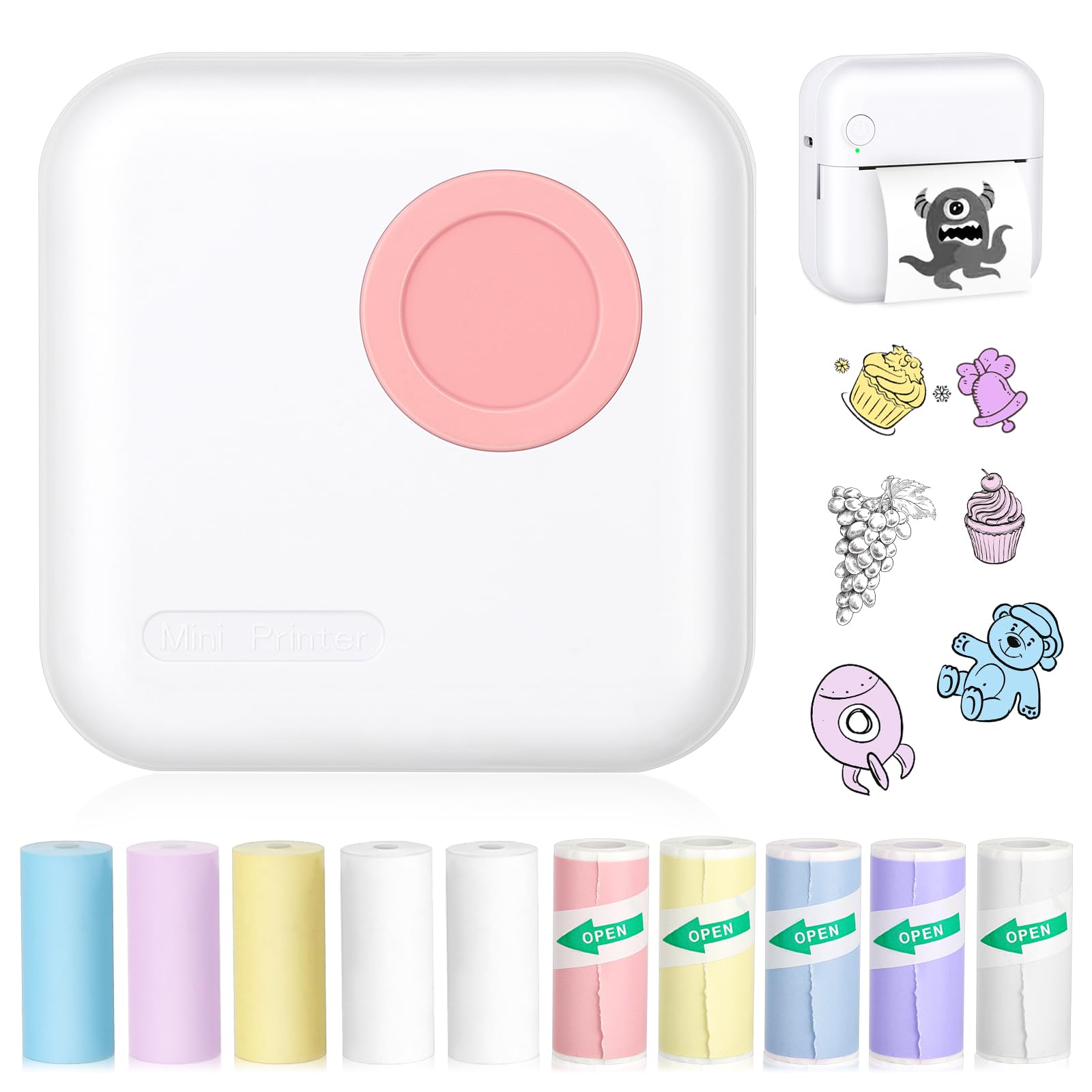 Mini stampante termica portatile Bluetooth tascabile con 10 rotoli di carta per diario/album fai da te/viaggio/appunti/elenchi/etichette/promemoria, stampante per ricevute per bambini, donne