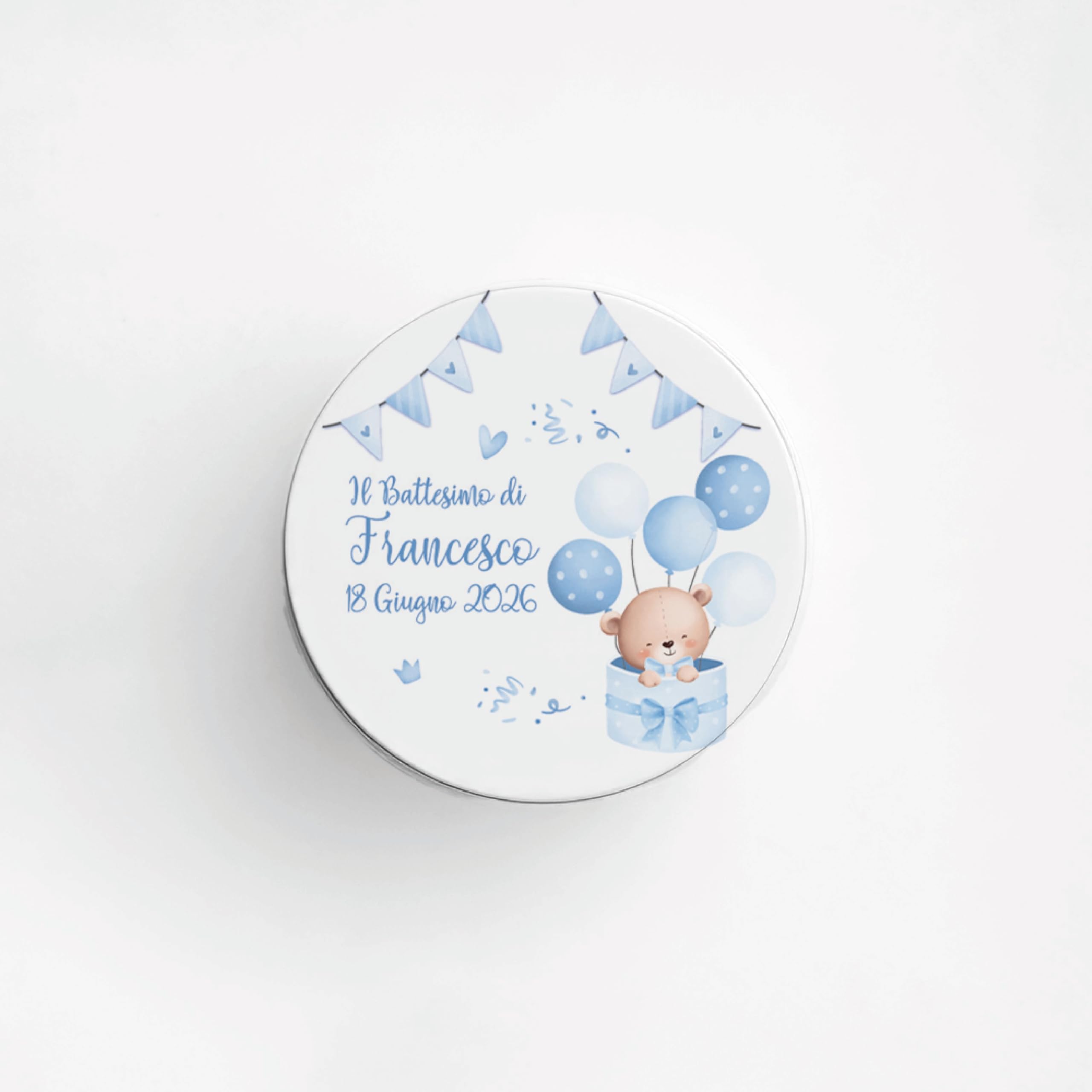 Generico Set 10Scatoline Portaconfetti Bomboniera, Latta con Tappo Personalizzato, Bomboniera Elegante, Scatola Regalo con Nastro Incluso, 7x7x4.5 cm, per Eventi (Orsetto Festa M)