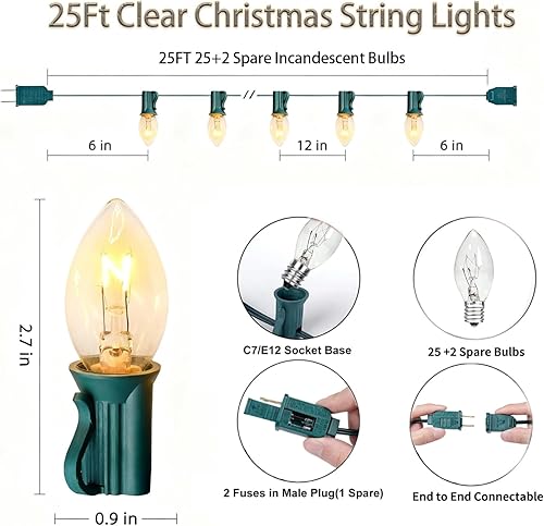 Miniatura 18 de C7 Luces de Navidad rojas y verdes de 25 pies para decoración de Navidad al aire libre con 27 bombillas de cerámica rojas y verdes, luces de Navidad