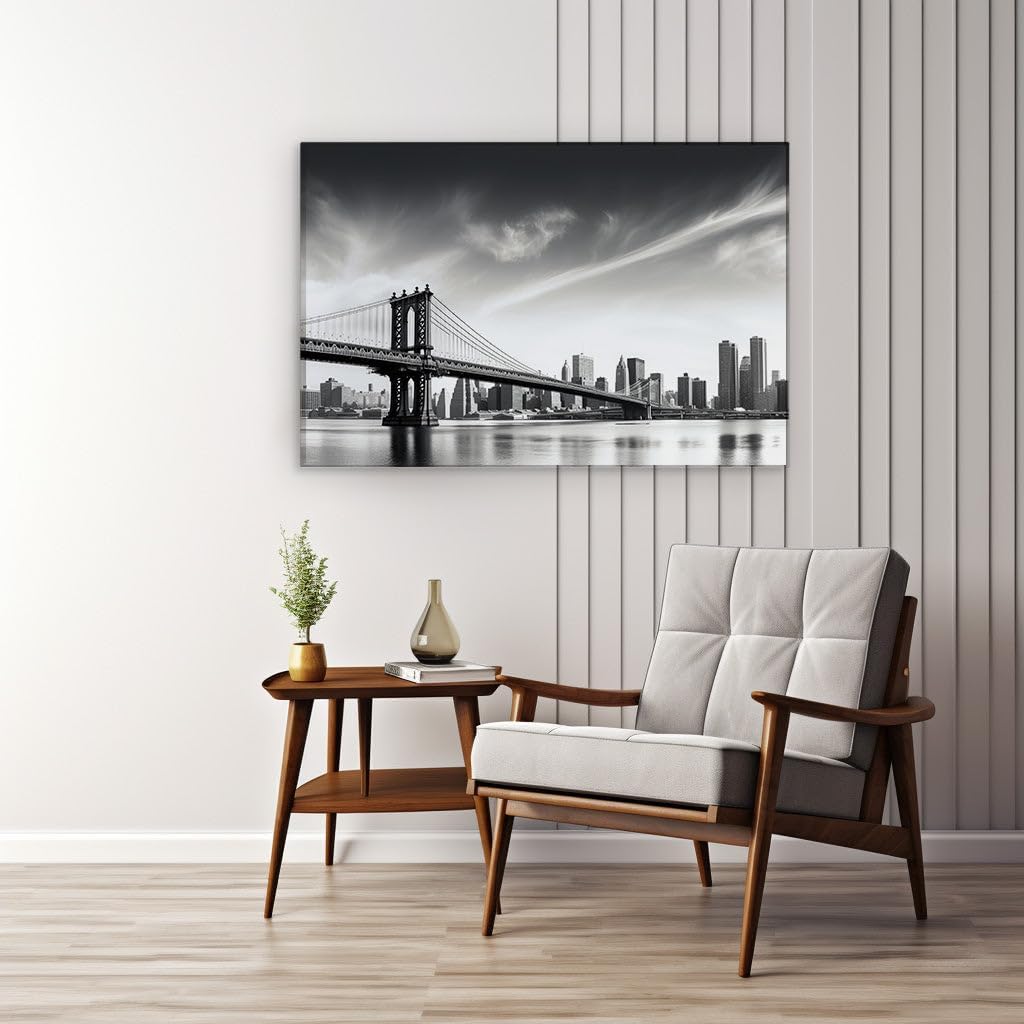Canvas for Living room. Brooklyn Bridge Majesty - A Panoramic Journey in Black and White, 27 x 18 inch Canvas Wall Art - Ready to Hang