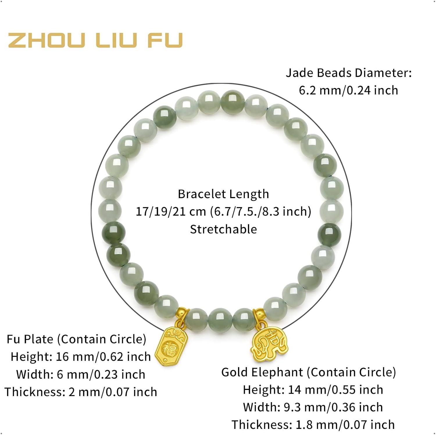 ZHOU LIU FU 24K Gold Bracelet Jade Charm Bracelets Lucky Natural Beaded Bangle Adjustable Stretch Chain Green Healing Crystal Hetian Beads Bamboo Cuff Leaf Flower Feng Shui Good Luck Jewelry Protection Gifts