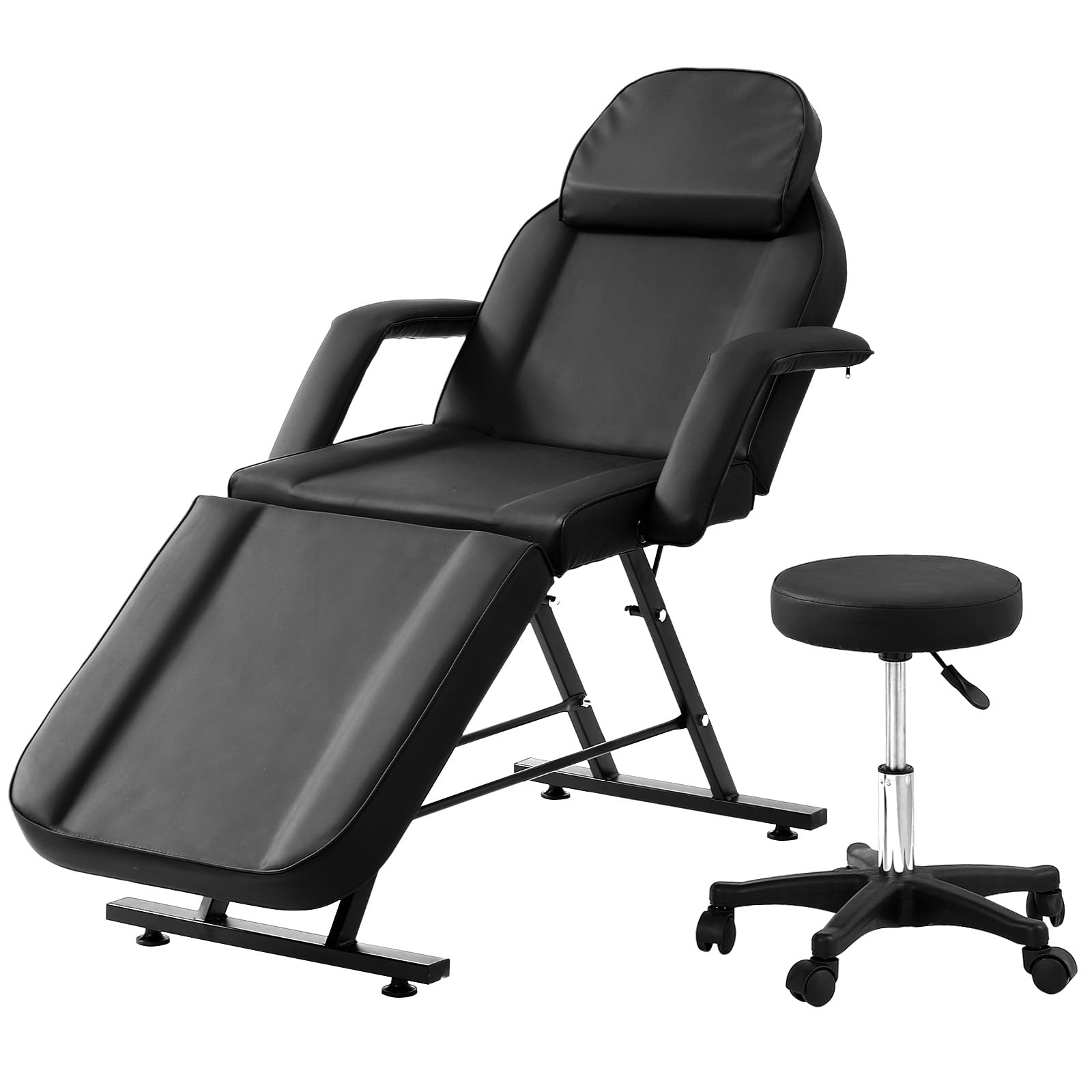 72" 3-Section Massage Table & Facial Chair, Black Spa Bed for Lash & Beauty Salon with Hydraulic Stool, Adjustable Tattoo Chair with Removable Headrest & Armrests