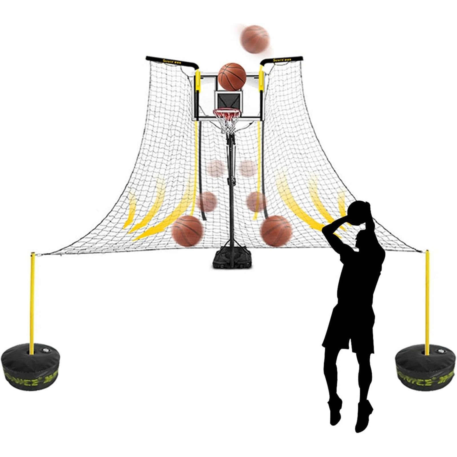 Basketball Air Defense Return Net Guard and Backstop, Ball Shot Trainer with 16x16ft Net, Automatic Ball Rebounder 90° Rotatable, Hoop Rebound Back Netting Attachment for Yard, Home & Residential Use(