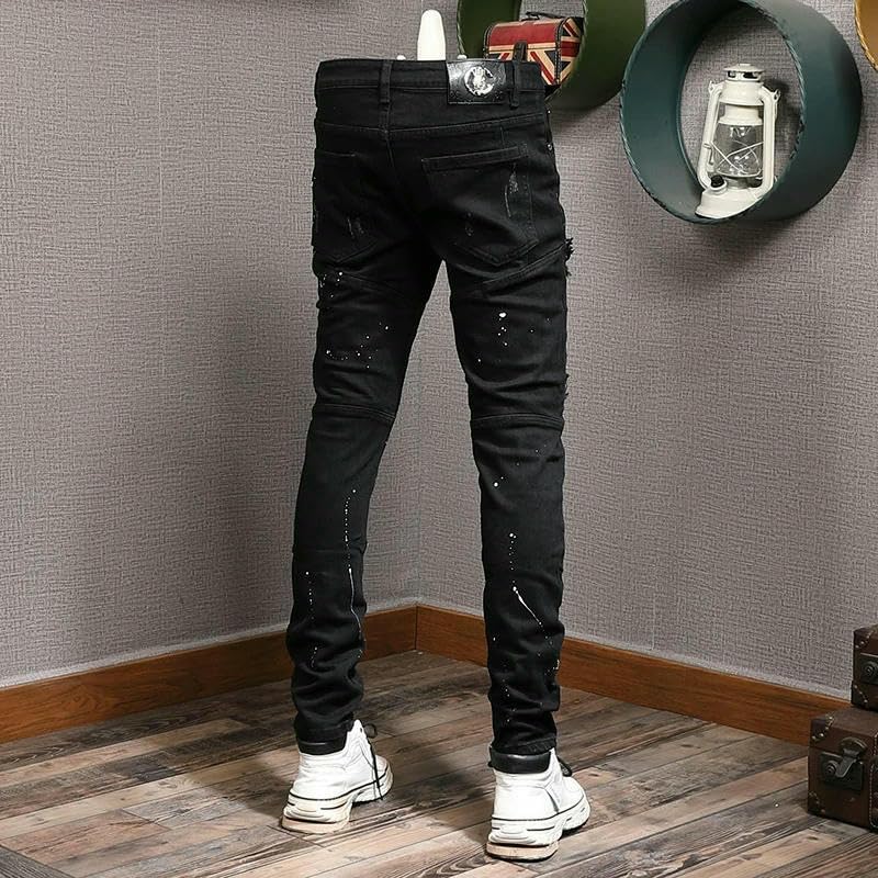 Streetwear Mens Jeans Black Stretch Elastic Slim Fit Painted Ripped Jeans Men Patch Hip Hop Pants Denim Trousers2