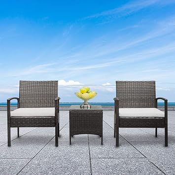 Rattan Patio Furniture Sets of 3, PE Rattan Conversation Furniture Set w/ 2-pcs Arm Chairs & Tempered Glass Coffee Table, Rattan Sofa Conversation Sets for Garden Backyard, Patio, Poolside.