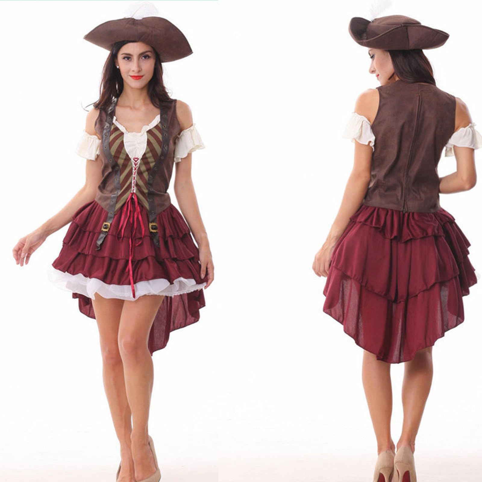 Pirate Costume Women Damen Piratenkostüm - Mittelalter Kleidung Elegant Jumpsuit Piratin Corsett Pirat Rock Partykleid Gothic Overall Piraten Faschingskostüm Cosplay Mottoparty