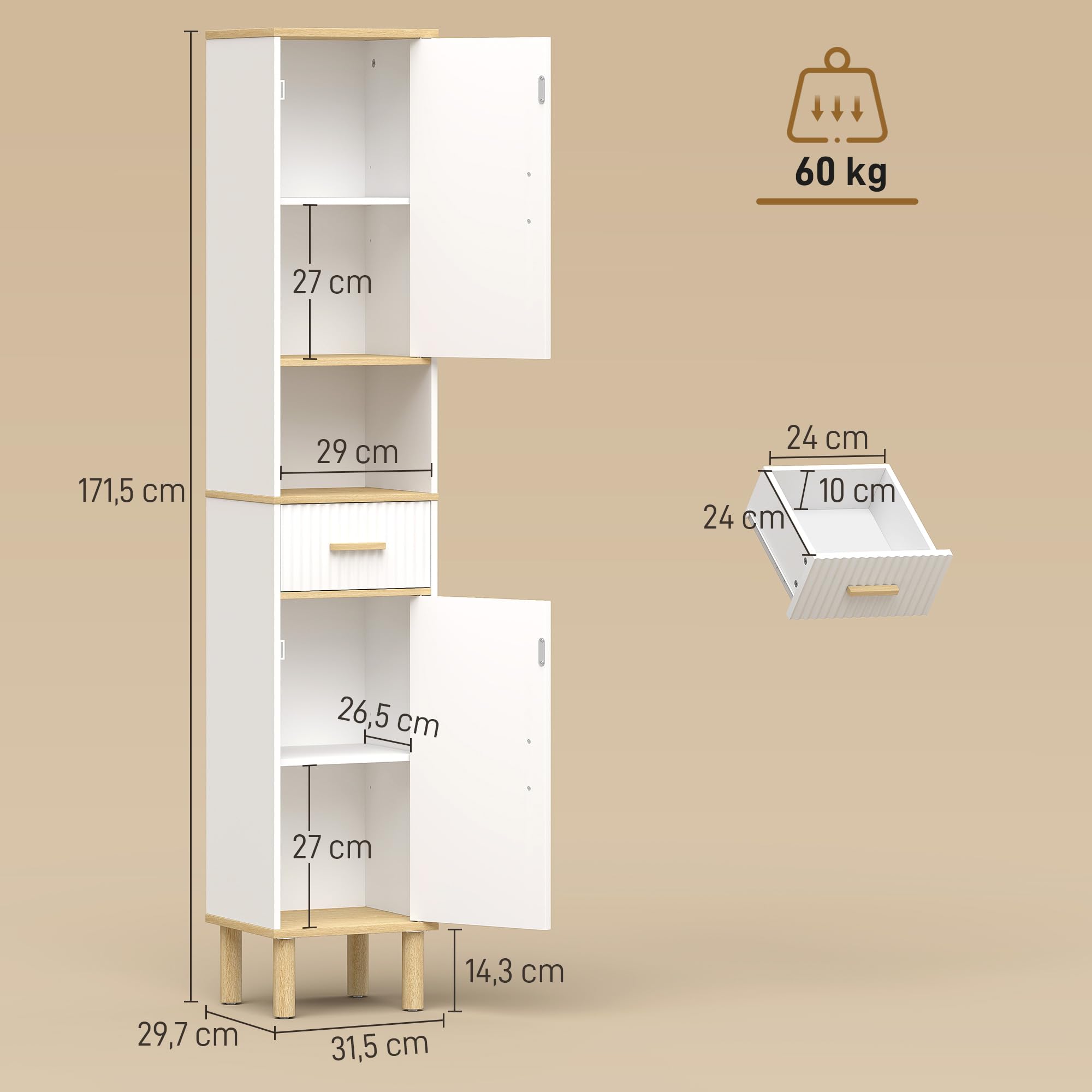 HOMCOM Armario de Baño Alto Estrecho con Patas 31,5x29,7x171,5 cm Blanco | Mueble Auxiliar de Baño, Estantes Ajustables, Puertas Acanaladas, Cajón, Estante Abierto, Patas de Madera, Espacios Pequeños