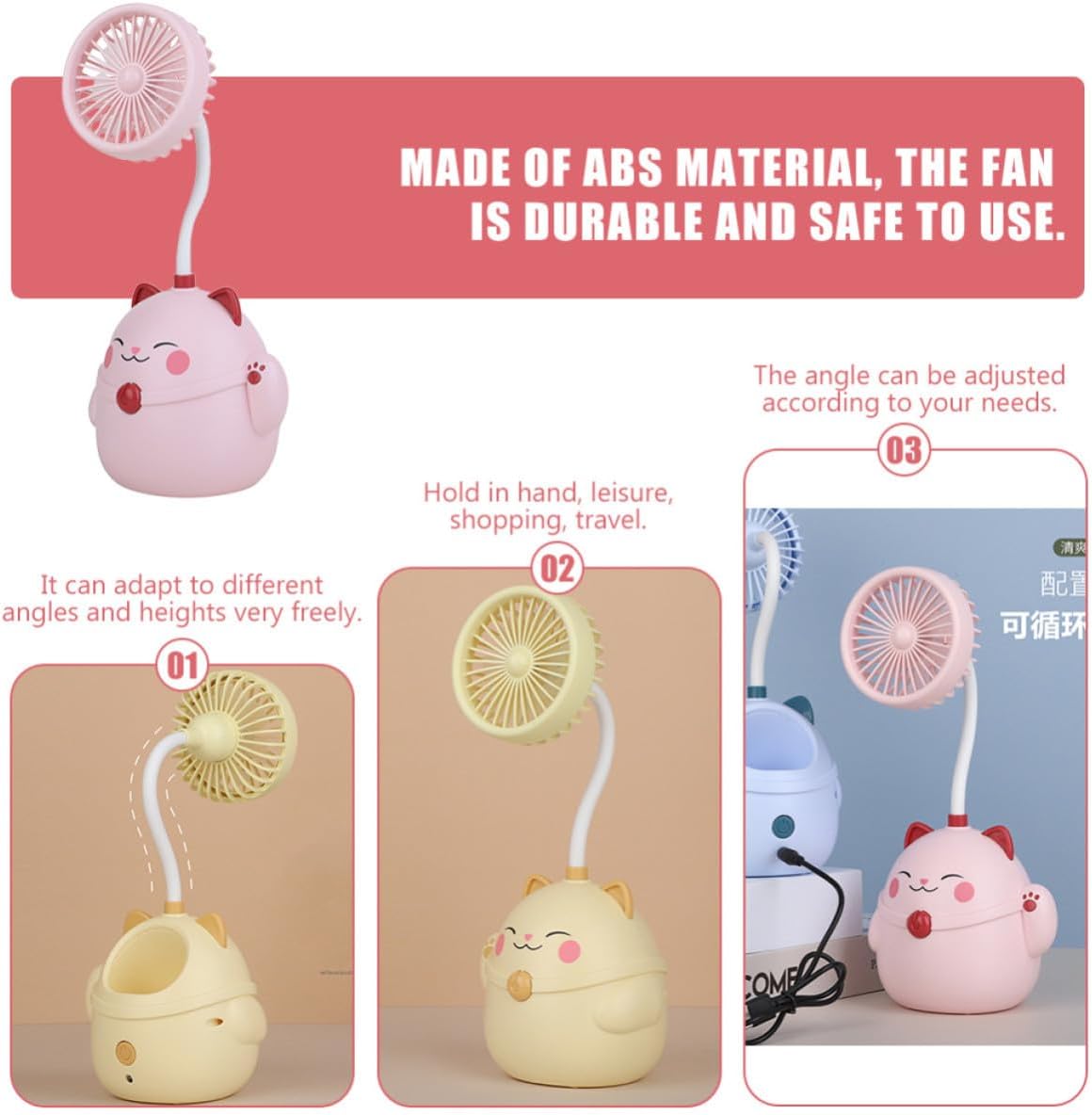 USB Small Desk Fan with Cute Cat Design, 360° Rotation and Non-slip Bottom, Portable and Quiet Electric Fan for Dorm or Home Use
