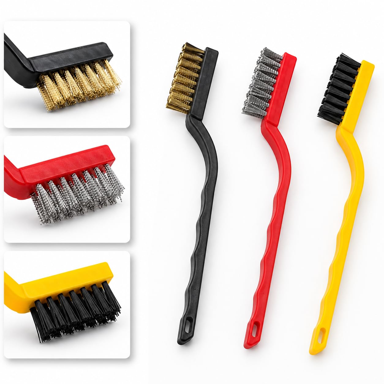 Sulfar 3 Pc Mini Wire Brush Set (Brass, Nylon, Stainless Steel Bristles) 2