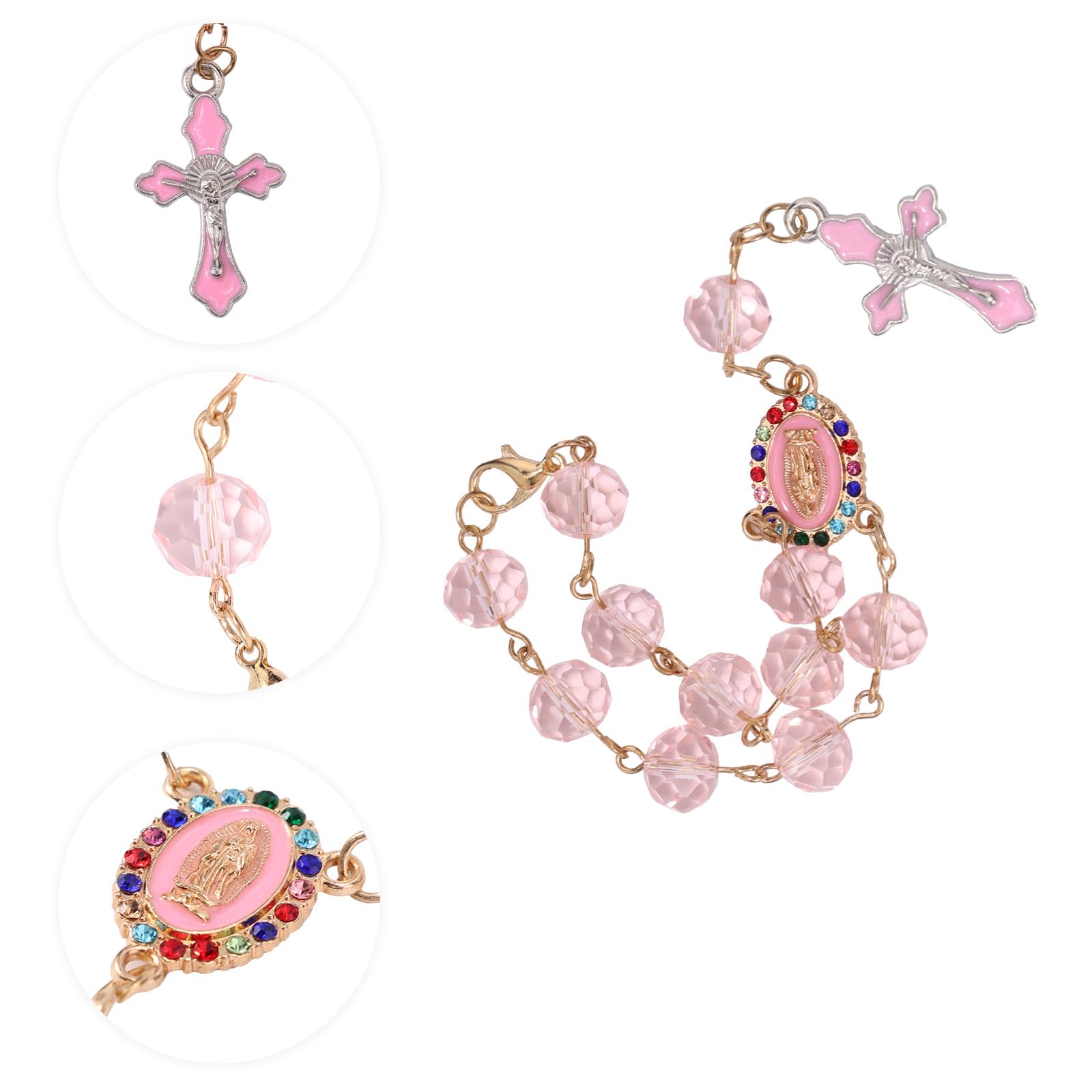 Rosario Auto da Appendere allo Specchietto Retrovisore, Ornamento Religioso a Forma di Croce con Ciondolo Cattolico Ideale per Battesimo Prima Comunione Matrimonio Uomo e Donna (Rosa)
