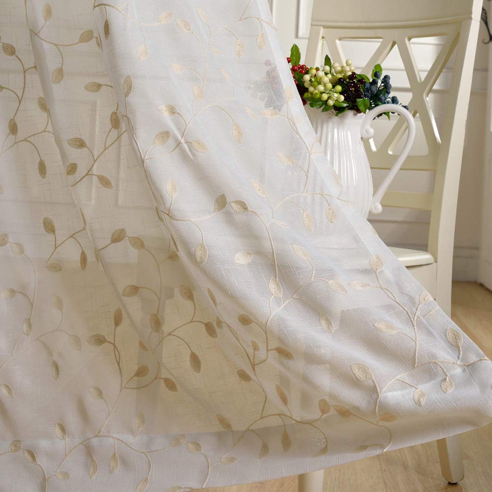 2er Set Stickerei Blätter Leinenoptik Vorhang Dekosachl Transparent Gardinen, mit Ösen Vorhang Voile Fenster für Wohnzimmer Kinderzimmer Schlafzimmer,Weiß,W200xL250cm
