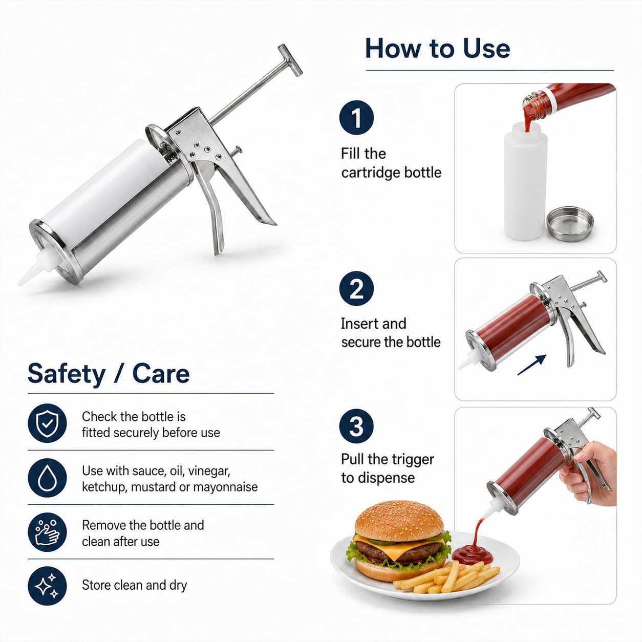 Pistola manuale dell'erogatore della salsa dell'acciaio inossidabile per la preparazione degli alimenti | Porzioni Misurate, Assemblaggio Hamburger, Cucine per la Casa, Banchi Catering e Servizio Ristorante