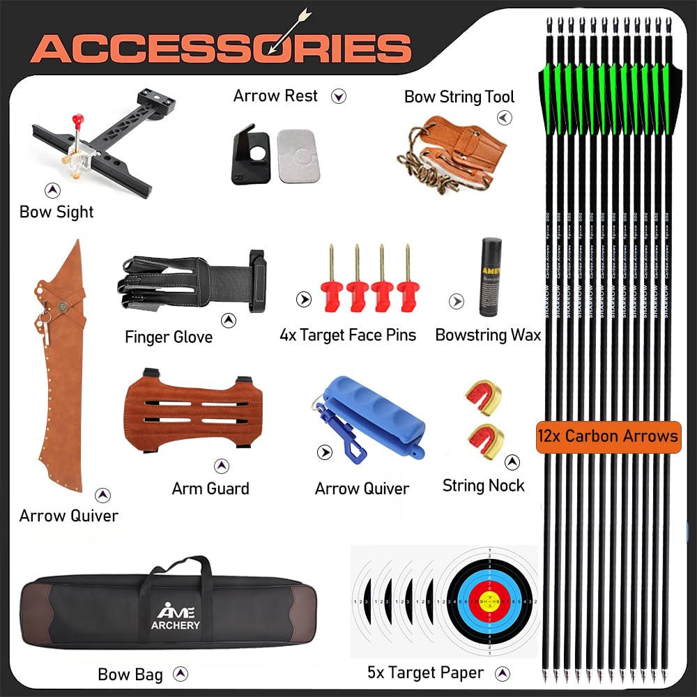 AMEYXGS 62" Arco ricurvo da tiro con l'arco Adulti e giovani Arco da caccia 30-50LBS Riser in legno con accessori per tiro con l'arco Mano destra (30lbs, Tipo 2)