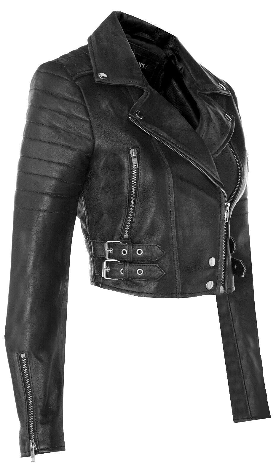 Damenjacke 100% Echtleder Schwarz Design Biker Goth Still Kurzer Ausschnitt