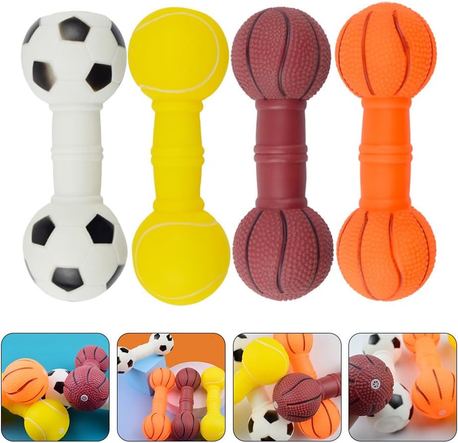 TEHAUX 4Pcs Vinyl Barbell Dog Toys 7.28In - Interactive Squeaky Chew Toys for Puppies and Dogs Bright Color for Easy Fetch and Molar Training Pet Accessories