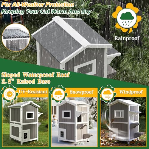 PetsCosset Outdoor Cat Shelter Weatherproof, Two Story Wooden Outside Feral Cat House with Openable Roof, Escape Door