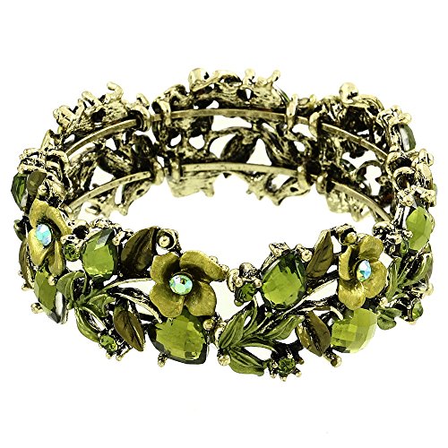 Falari Vintage Flower Bracelet Bangle Crystal Beads Hand-Painted Green BG401-AGGN