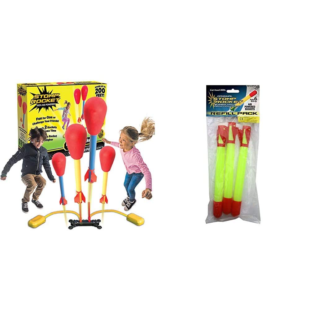 Stomp Rocket The Original Dueling Rockets, 4 Rockets and Rocket Launcher - Outdoor Rocket Toy - Great for Outdoor Play with friends in the backyard & parks & Super Refill Pack
