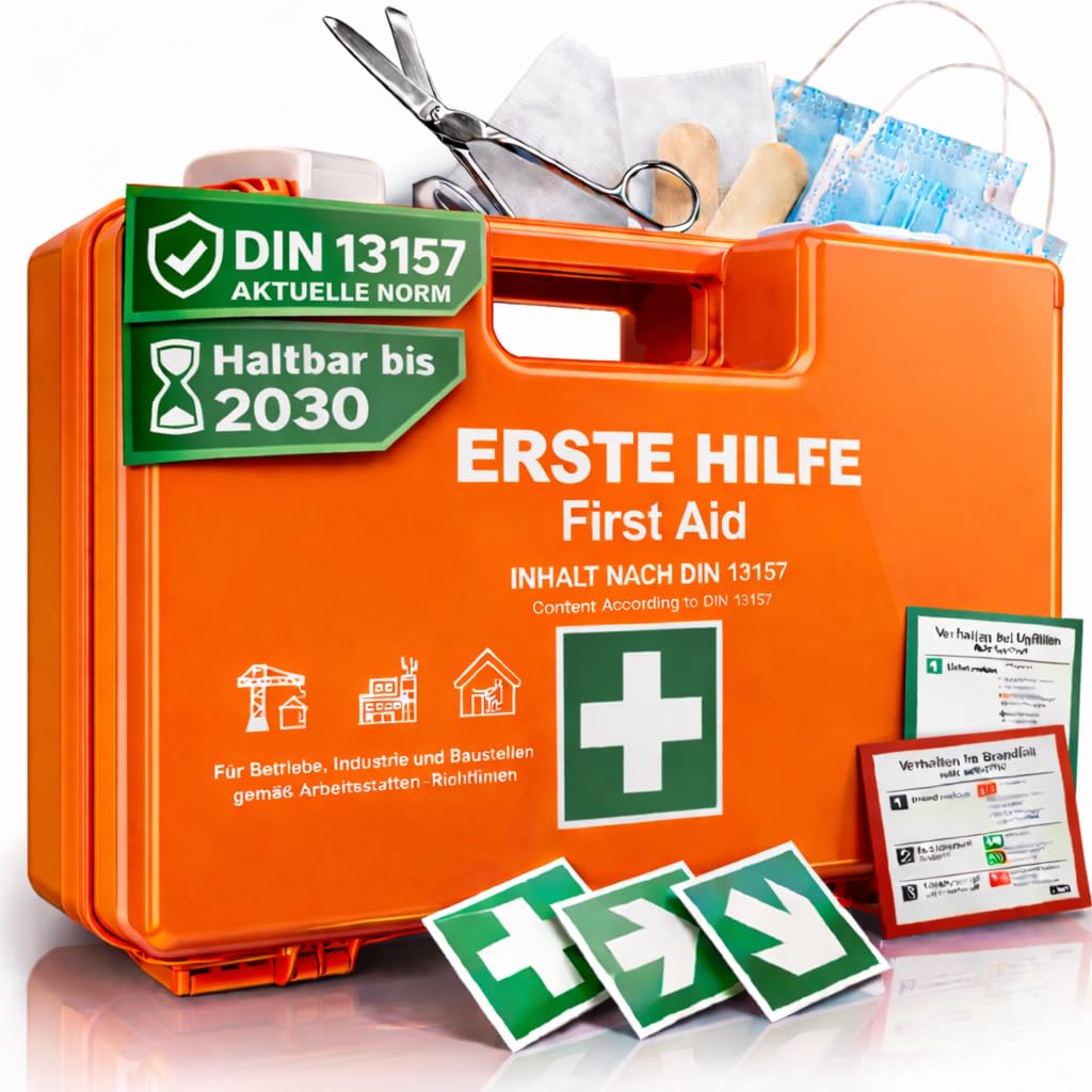 HELDENWERK® Erste Hilfe Kasten Version 2026 [DIN 13157:2021] inkl. Wandhalterung, 5x Aufkleber & Plombe – Verbandskasten für Betrieb, Gastronomie, Büro & Haushalt – Sanitätskasten - Erste Hilfe Set
