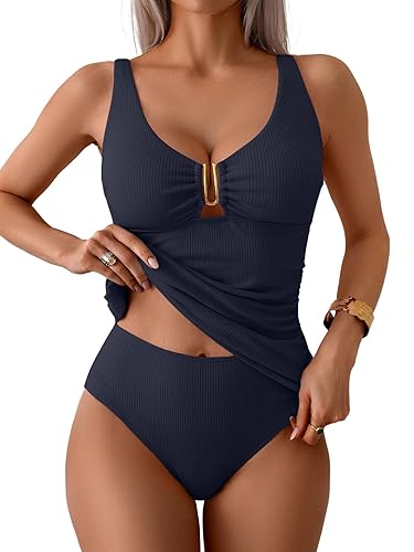 Tankini Swimsuit for Women Ribbed Tummy Control Ruched Two Piece