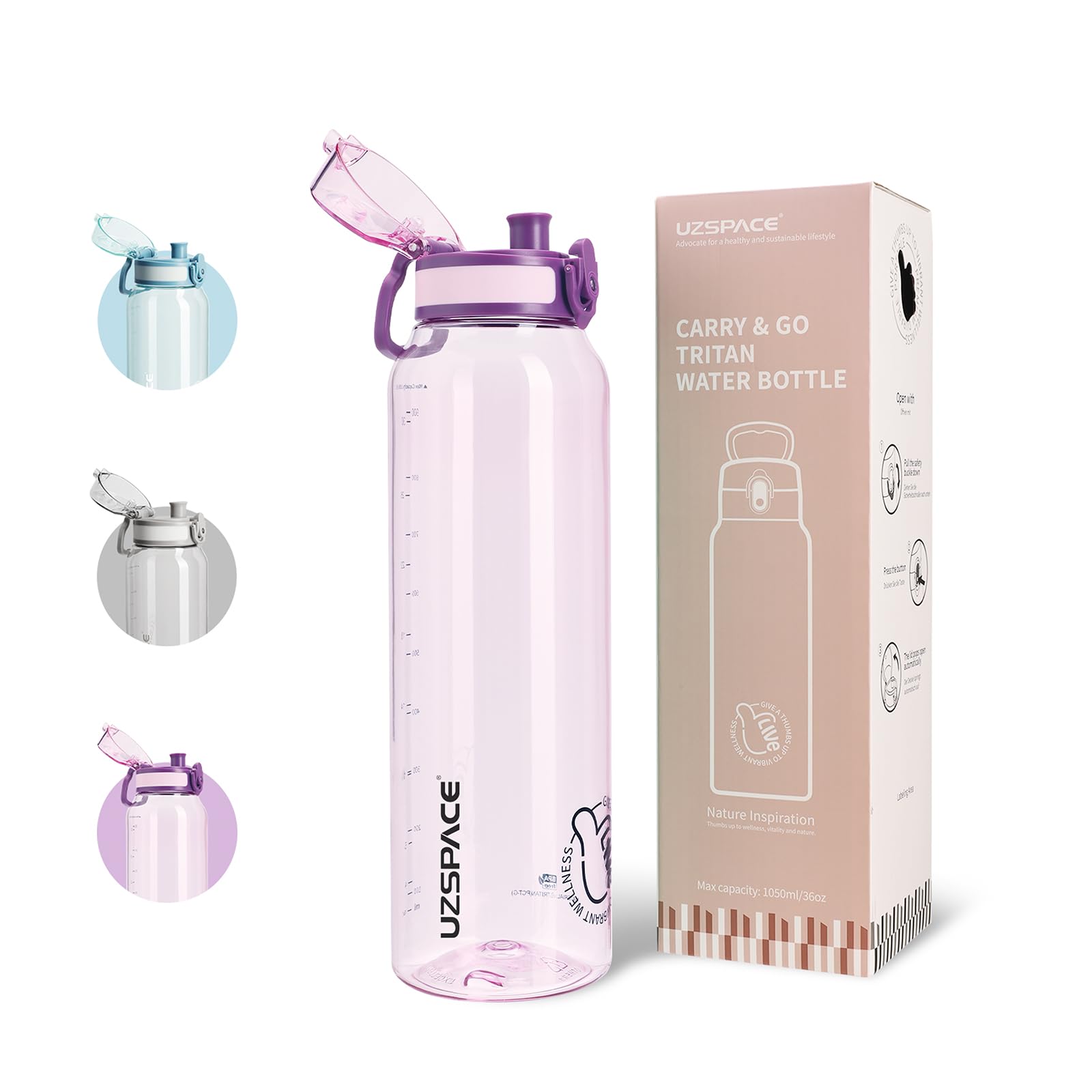 UZSPACE Water Bottle 1l with Handle - BPA Free Drinking Bottles for Adults - Clear Water Bottle with Capacity Scale - Leakproof Gym Bottles - Ideal for Sports or Fitness & Outdoors Purple — image 1