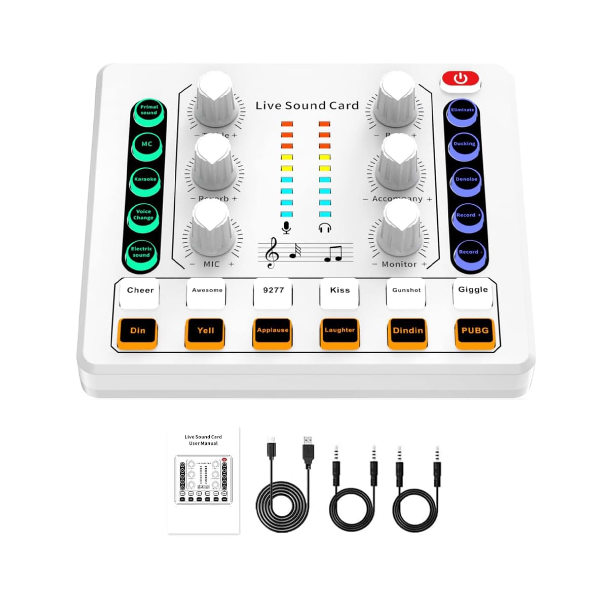Ficontek Live Sound Card, M8 Mini Audio Mixer Board, DJ Mixer, for Music Recording Karaoke Singing Broadcast & Live Stream/Podcast/Game(White)