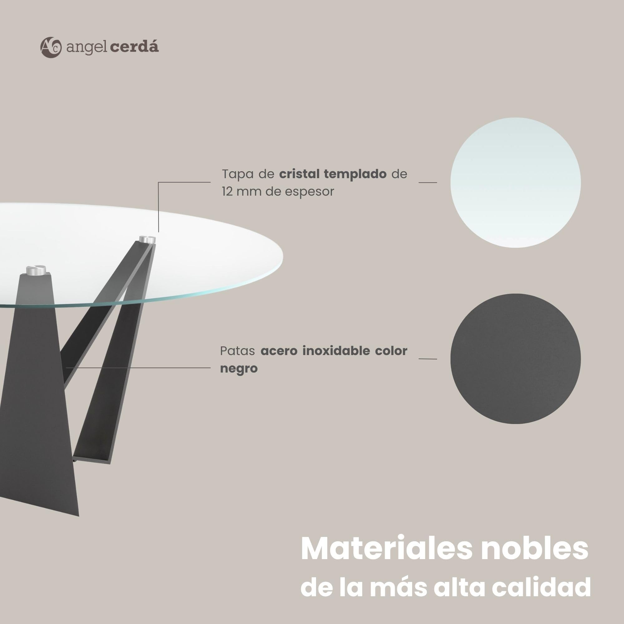 Mesa de Comedor Redonda Ángel Cerdá 1045 de Cristal Templado Transparente y Patas de Acero Color Negro, Ø 150 x 75 cm