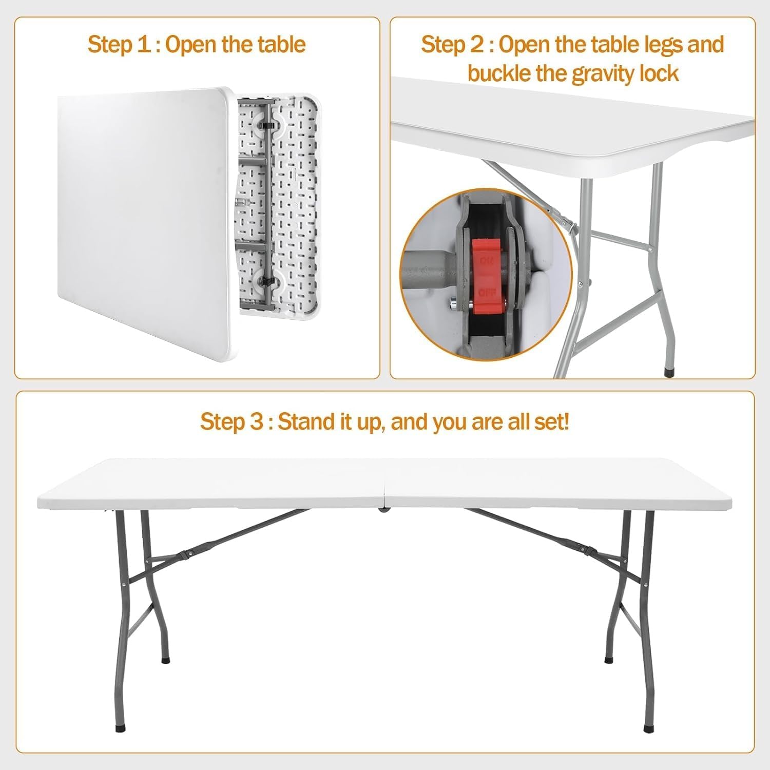 6ft Heavy Duty Portable Folding Table, No Assembly Required, Folds in Half for Easy Storage, Indoor Outdoor Table for Parties, Camping & BBQs, White