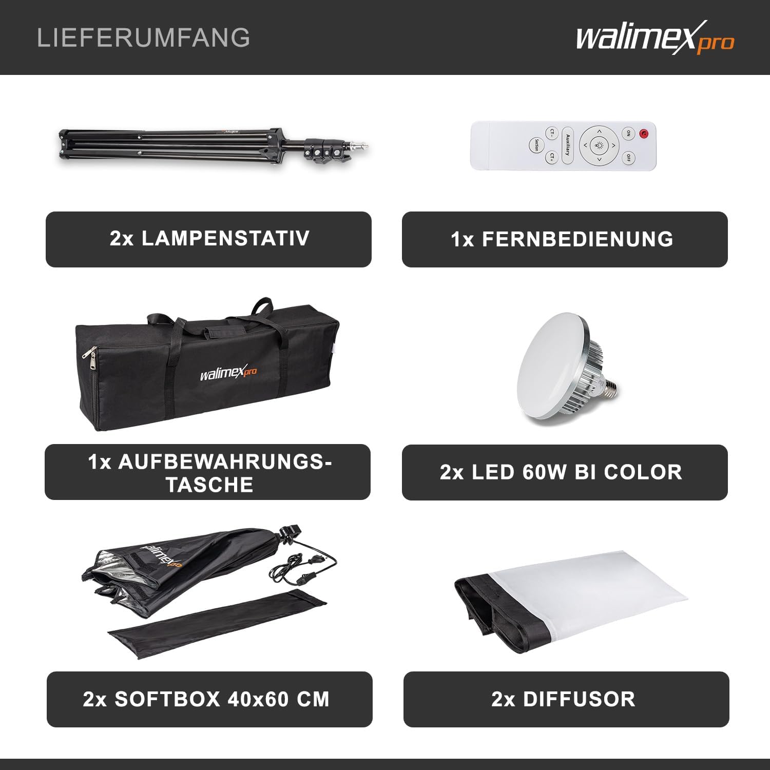 Image showing all components included in the walimex pro LED 60W Softbox Kit 2.