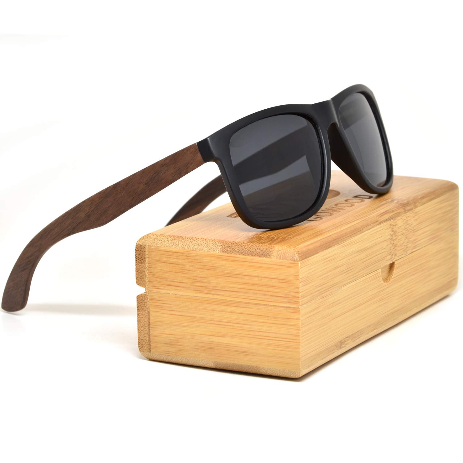 GOWOOD Occhiali da sole piazza in legno uomo e donna | Occhiali premium polarizzati con aste in legno di noce e telaio in acetato nero | Lenti scure UV400 | Occhiali da sole con protezione UV (Nero)