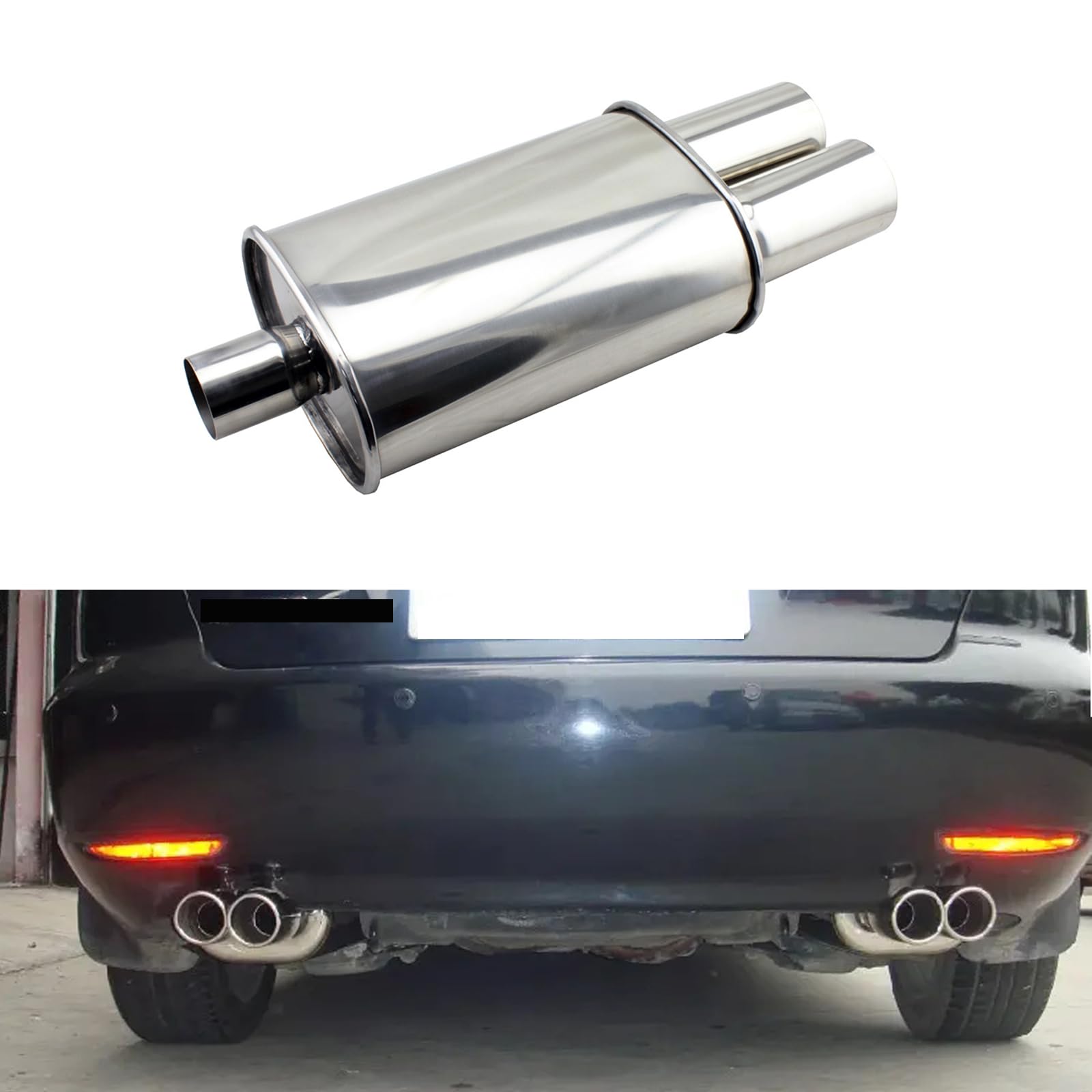 Automóviles Silenciador de Escape Krtopo 2,5 Pulgadas (63MM) Entrada única/3 Pulgadas (73MM) Doble Salida 11,8 Pulgadas (300MM) de Longitud Corporal Ovalada Soldadura de Doble Punta Acero Inoxidable