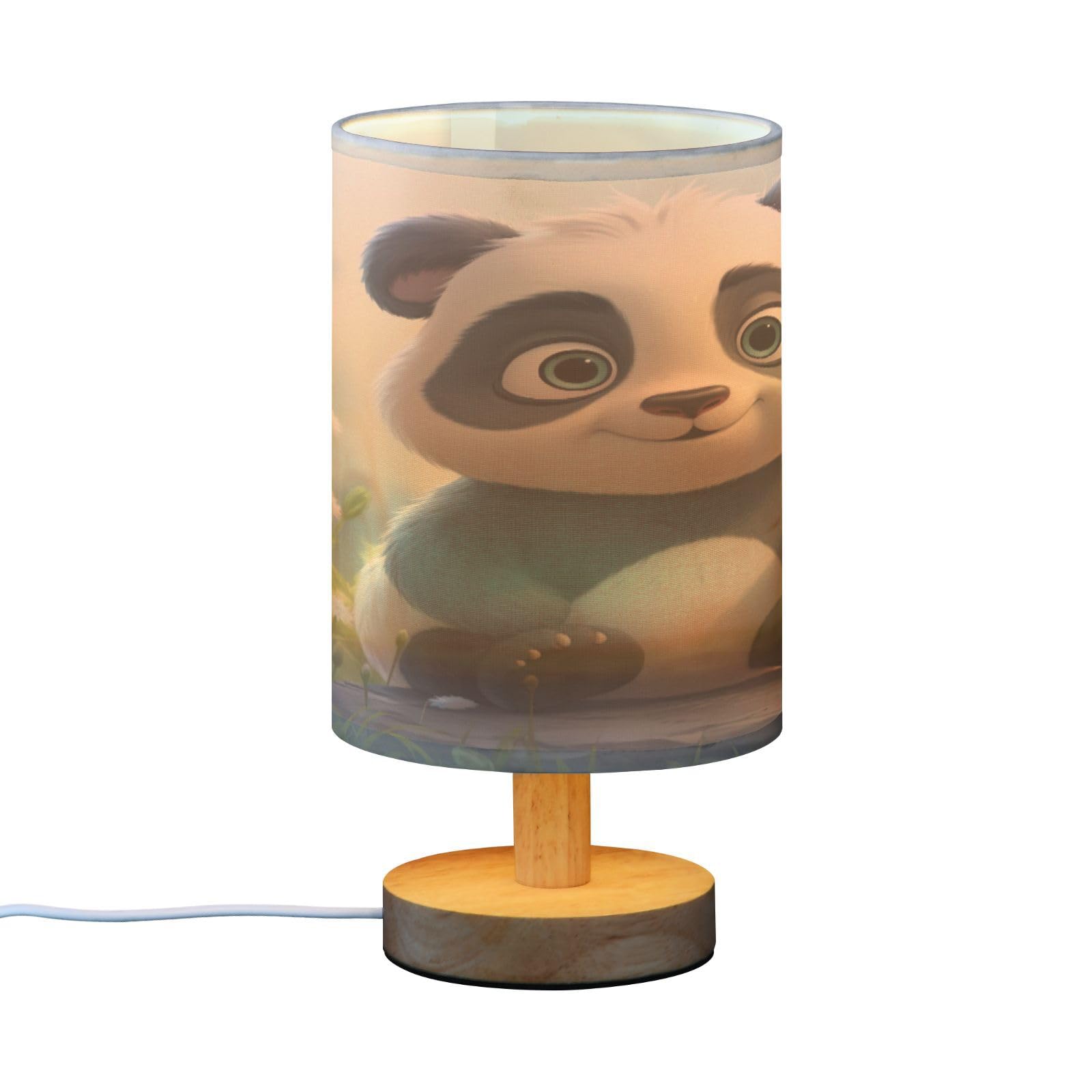 SDMKA Cute Cartoon Panda Bedside Table Lamp for Bedroom, Minimalist Nightstand Lamp with Round Fabric Shade for Living Room, Office, No Bulb Required