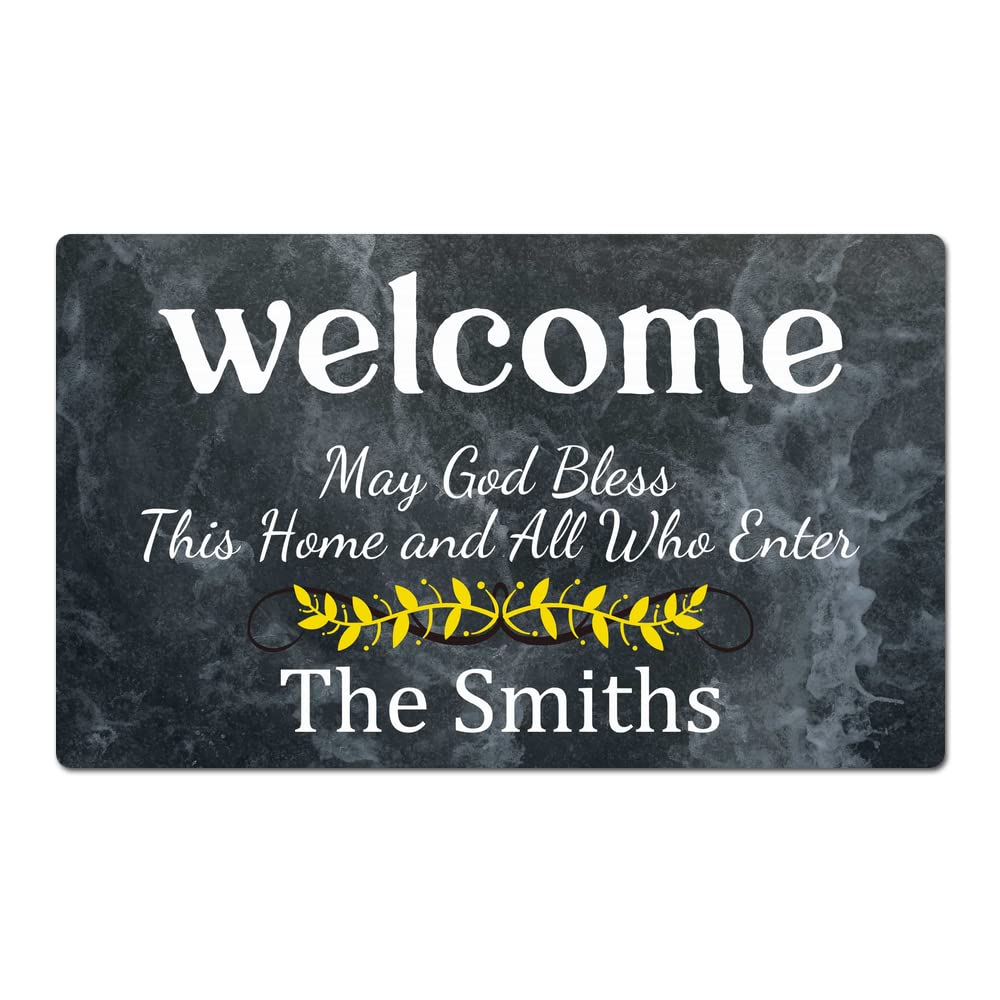 Funny Welcome Custom Personalized Family Name May God Blessed This Home and All Who Enter Front Door Indoor Floor Decor Doormat Non-Slip Bottom Drying